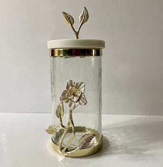 Glass Canister with Gold Lily Flower - Marble Lid By Designed By The Boss (3 Sizes) - DesignedBy The Boss