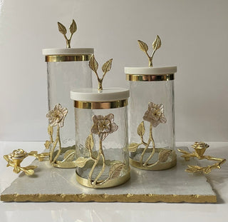 Glass Canister with Gold Lily Flower - Marble Lid By Designed By The Boss (3 Sizes) - DesignedBy The Boss