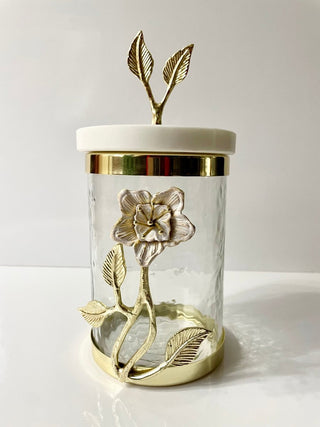 Glass Canister with Gold Lily Flower - Marble Lid By Designed By The Boss (3 Sizes) - DesignedBy The Boss