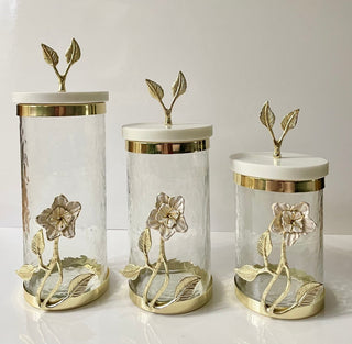 Glass Canister with Gold Lily Flower - Marble Lid By Designed By The Boss (3 Sizes) - DesignedBy The Boss