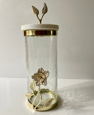 Glass Canister with Gold Lily Flower - Marble Lid By Designed By The Boss (3 Sizes) - DesignedBy The Boss