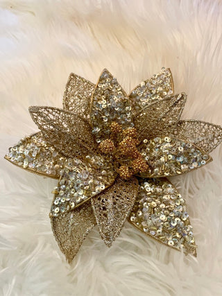 Gold Beads & Sequins Poinsettia Christmas Clip - On Ornament - DesignedBy The Boss