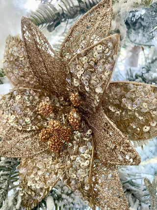 Gold Beads & Sequins Poinsettia Christmas Clip - On Ornament - DesignedBy The Boss