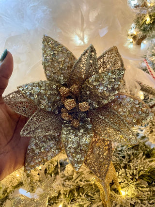 Gold Beads & Sequins Poinsettia Christmas Clip - On Ornament - DesignedBy The Boss