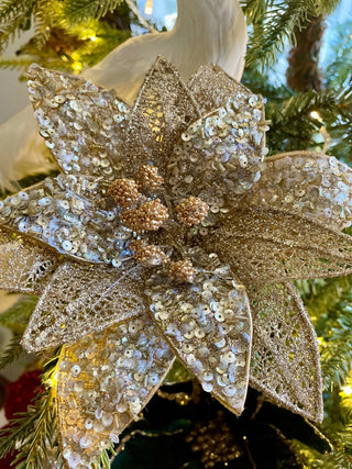 Gold Beads & Sequins Poinsettia Christmas Clip - On Ornament - DesignedBy The Boss