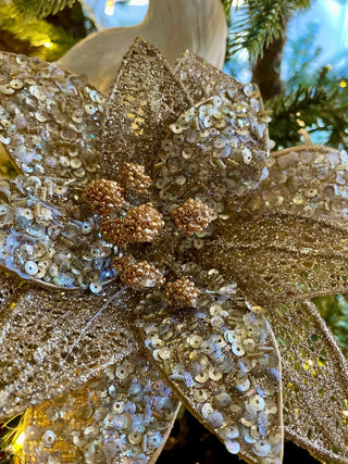 Gold Beads & Sequins Poinsettia Christmas Clip - On Ornament - DesignedBy The Boss