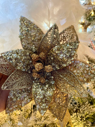 Gold Beads & Sequins Poinsettia Christmas Clip - On Ornament - DesignedBy The Boss