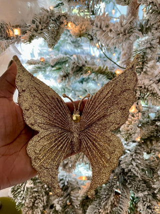 Gold Glittered Butterfly Clip - On Ornament - Holliday Decor - DesignedBy The Boss