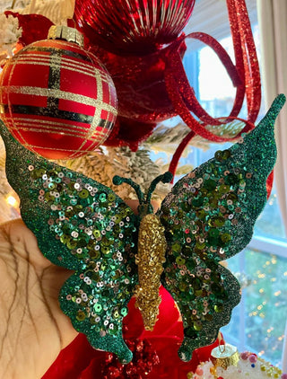 Green Glittered Butterfly Clip - On Christmas Ornament - DesignedBy The Boss