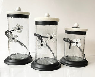 Hammered Glass Black & White Jasmine Flower Canister By Designed By The Boss (3 Sizes) - DesignedBy The Boss