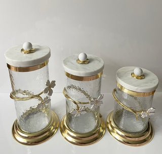 Hammered Glass Gold & White Jasmine Flower Canister By Designed By The Boss (3 Sizes) - DesignedBy The Boss