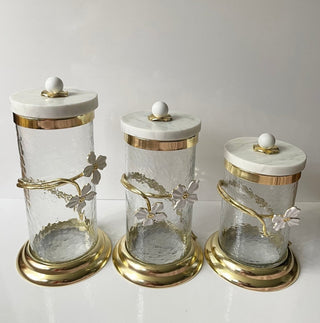 Hammered Glass Gold & White Jasmine Flower Canister By Designed By The Boss (3 Sizes) - DesignedBy The Boss