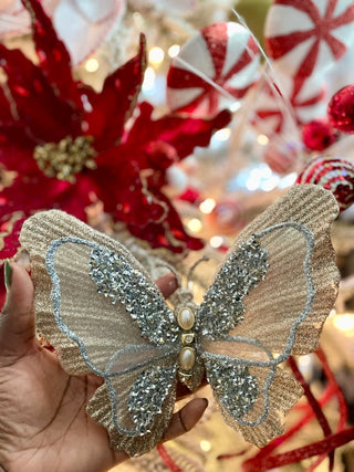 Large Gold Glitter Butterfly Clip - On Christmas Ornament - DesignedBy The Boss