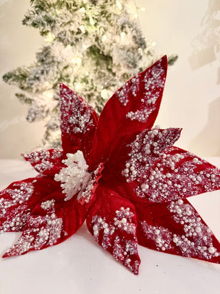 Large Red Beaded Christmas Poinsettia Stem - Holliday Decor - DesignedBy The Boss