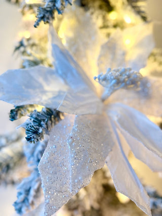 Large White Beaded Christmas Poinsettia Pick - Christmas Tree Embellishment 22" Tall - DesignedBy The Boss