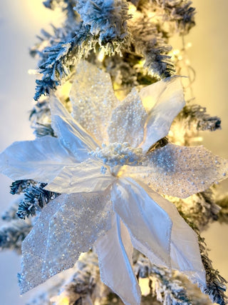 Large White Beaded Christmas Poinsettia Pick - Christmas Tree Embellishment 22" Tall - DesignedBy The Boss