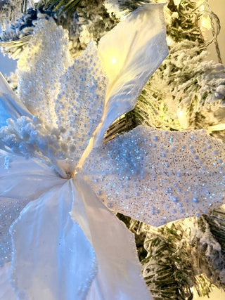 Large White Beaded Christmas Poinsettia Pick - Christmas Tree Embellishment 22" Tall - DesignedBy The Boss
