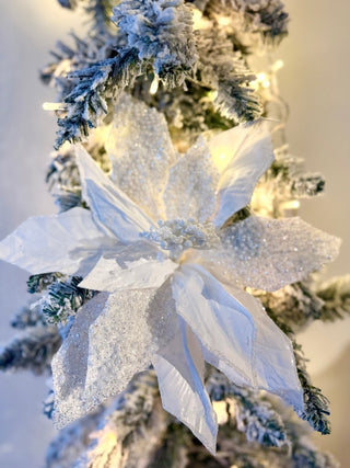 Large White Beaded Christmas Poinsettia Pick - Christmas Tree Embellishment 22" Tall - DesignedBy The Boss