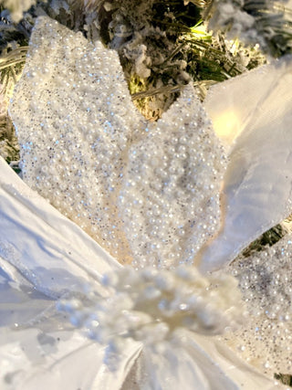 Large White Beaded Christmas Poinsettia Pick - Christmas Tree Embellishment 22" Tall - DesignedBy The Boss