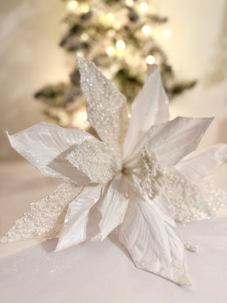 Large White Beaded Christmas Poinsettia Pick - Christmas Tree Embellishment 22" Tall - DesignedBy The Boss