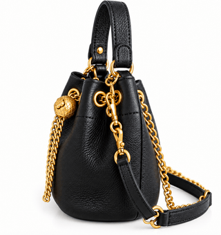 Luxury Black Leather Bucket Bag with Gold Chain - DesignedBy The Boss