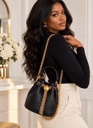 Luxury Black Leather Bucket Bag with Gold Chain - DesignedBy The Boss