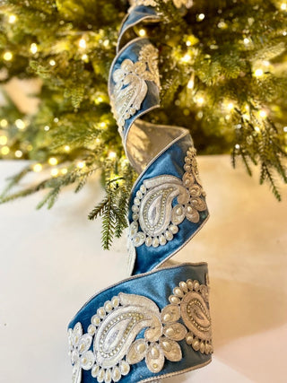 Luxury Blue Velvet Ribbon With Jewels - Holliday Decor Width 4 in - DesignedBy The Boss