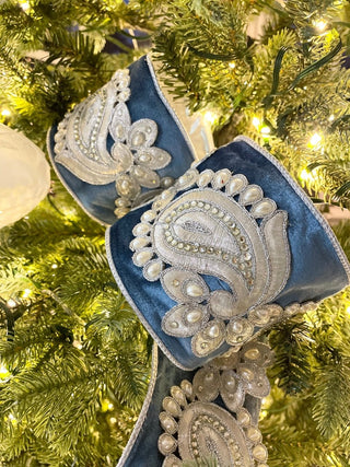 Luxury Blue Velvet Ribbon With Jewels - Holliday Decor Width 4 in - DesignedBy The Boss