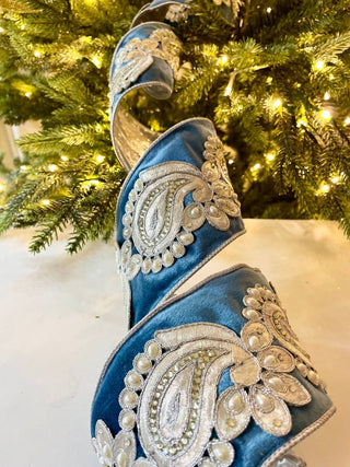 Luxury Blue Velvet Ribbon With Jewels - Holliday Decor Width 4 in - DesignedBy The Boss