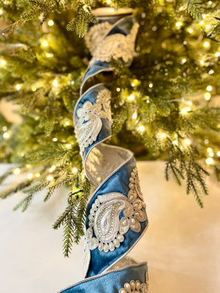 Luxury Blue Velvet Ribbon With Jewels - Holliday Decor Width 4 in - DesignedBy The Boss