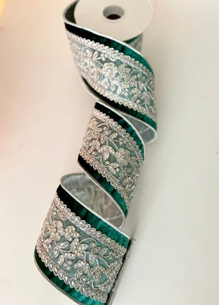 Luxury Velvet Emerald Green Ribbon With Beaded Silver - Holliday Decor Width 4 in - DesignedBy The Boss