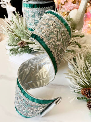 Luxury Velvet Emerald Green Ribbon With Beaded Silver - Holliday Decor Width 4 in - DesignedBy The Boss