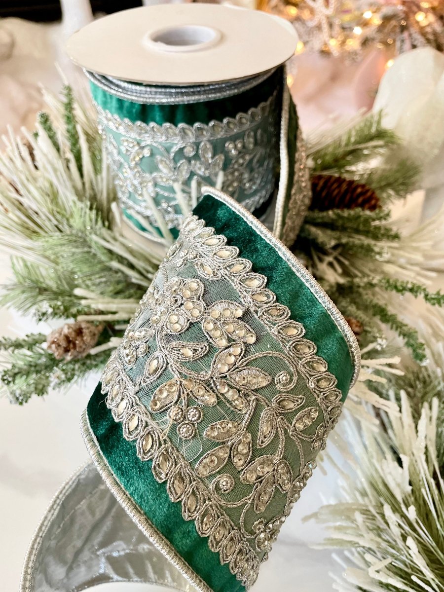 Luxury Velvet Emerald Green Ribbon With Beaded Silver- Holliday Decor Width in