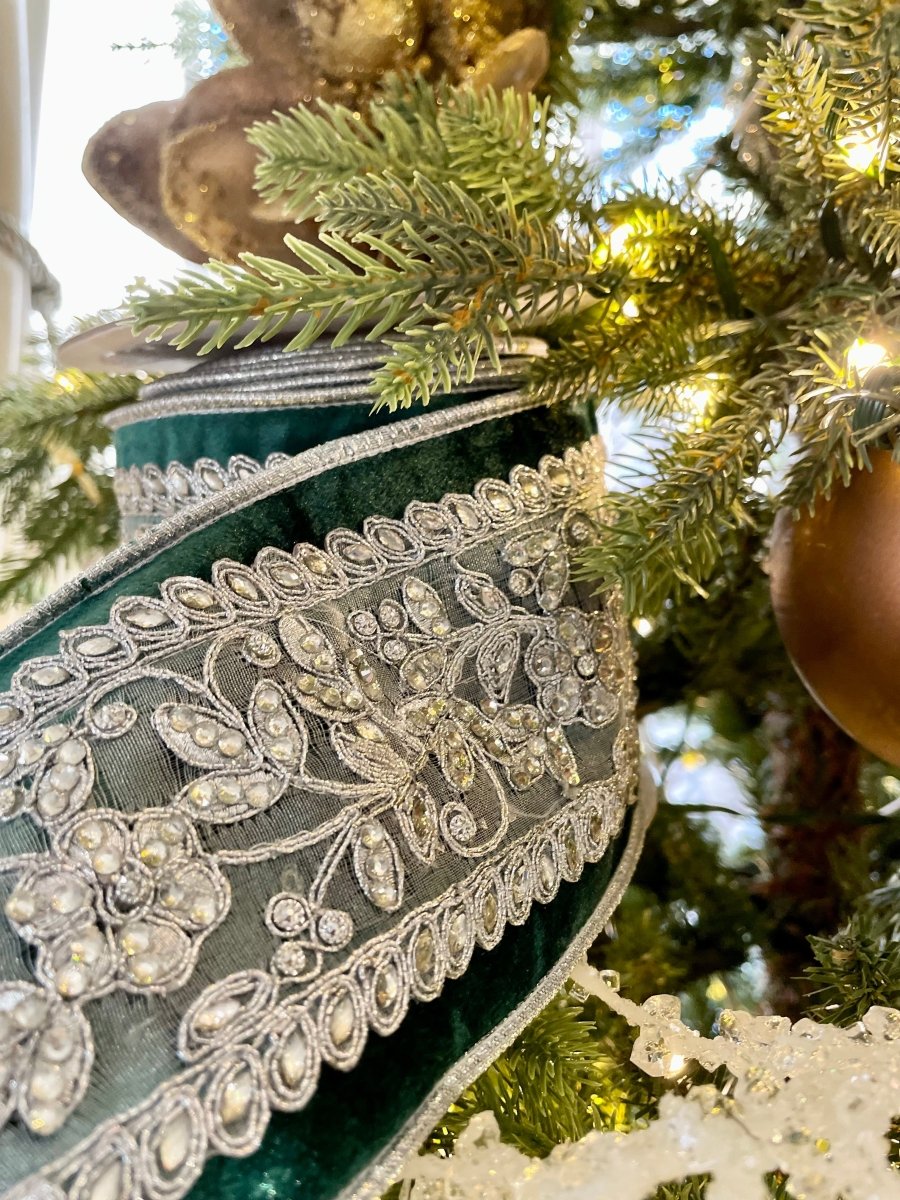 Luxury Velvet Emerald Green Ribbon With Beaded Silver- Holliday Decor Width in