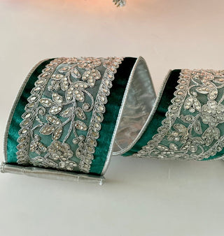 Luxury Velvet Emerald Green Ribbon With Beaded Silver - Holliday Decor Width 4 in - DesignedBy The Boss