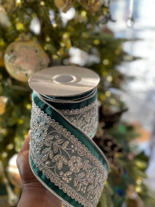 Luxury Velvet Emerald Green Ribbon With Beaded Silver - Holliday Decor Width 4 in - DesignedBy The Boss