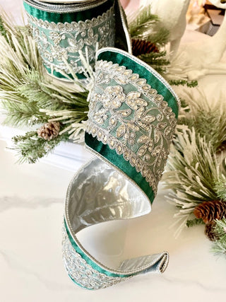 Luxury Velvet Emerald Green Ribbon With Beaded Silver - Holliday Decor Width 4 in - DesignedBy The Boss