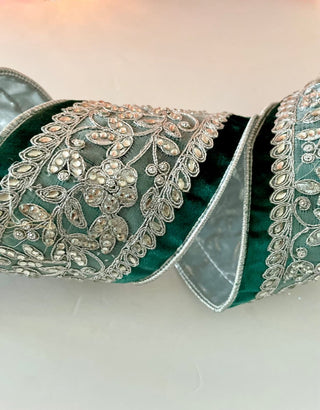 Luxury Velvet Emerald Green Ribbon With Beaded Silver - Holliday Decor Width 4 in - DesignedBy The Boss