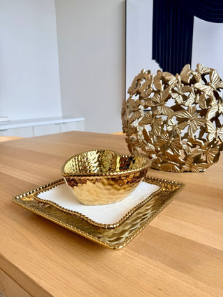 Luxury White and Gold Dinnerware Set - Square and Heart - Shaped Patterns With Beaded Border (3 Pcs) - DesignedBy The Boss