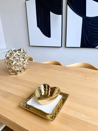 Luxury White and Gold Dinnerware Set - Square and Heart - Shaped Patterns With Beaded Border (3 Pcs) - DesignedBy The Boss