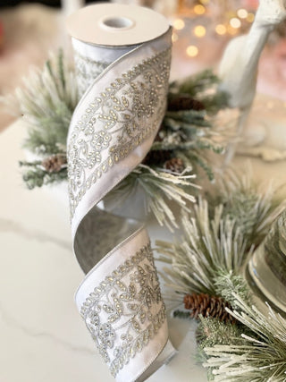 Luxury White Velvet Ribbon Beaded Silver - Holliday Decor Width 4 in - DesignedBy The Boss