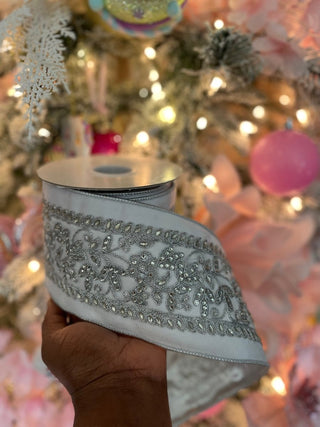 Luxury White Velvet Ribbon Beaded Silver - Holliday Decor Width 4 in - DesignedBy The Boss