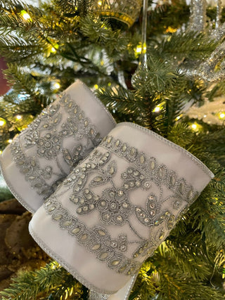 Luxury White Velvet Ribbon Beaded Silver - Holliday Decor Width 4 in - DesignedBy The Boss