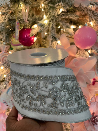 Luxury White Velvet Ribbon Beaded Silver - Holliday Decor Width 4 in - DesignedBy The Boss