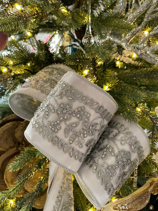 Luxury White Velvet Ribbon Beaded Silver - Holliday Decor Width 4 in - DesignedBy The Boss