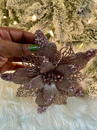 Pink Glittered Poinsettia Christmas Floral Pick Clip - On Ornament - DesignedBy The Boss