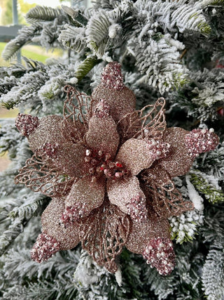 Pink Glittered Poinsettia Christmas Floral Pick Clip - On Ornament - DesignedBy The Boss