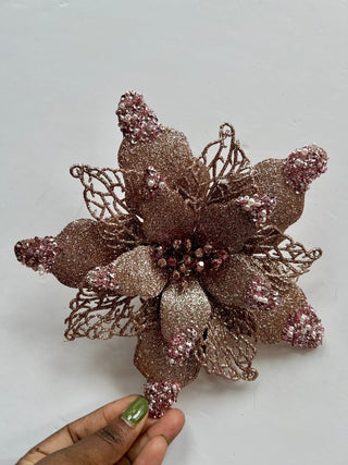 Pink Glittered Poinsettia Christmas Floral Pick Clip - On Ornament - DesignedBy The Boss