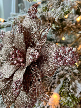 Pink Glittered Poinsettia Christmas Floral Pick Clip - On Ornament - DesignedBy The Boss