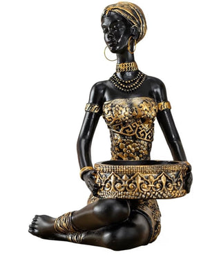 Resin Statue Depicting a Seated African Woman With a Handled Tray Tribal Art Figurine, Versatile Decorative Object - DesignedBy The Boss